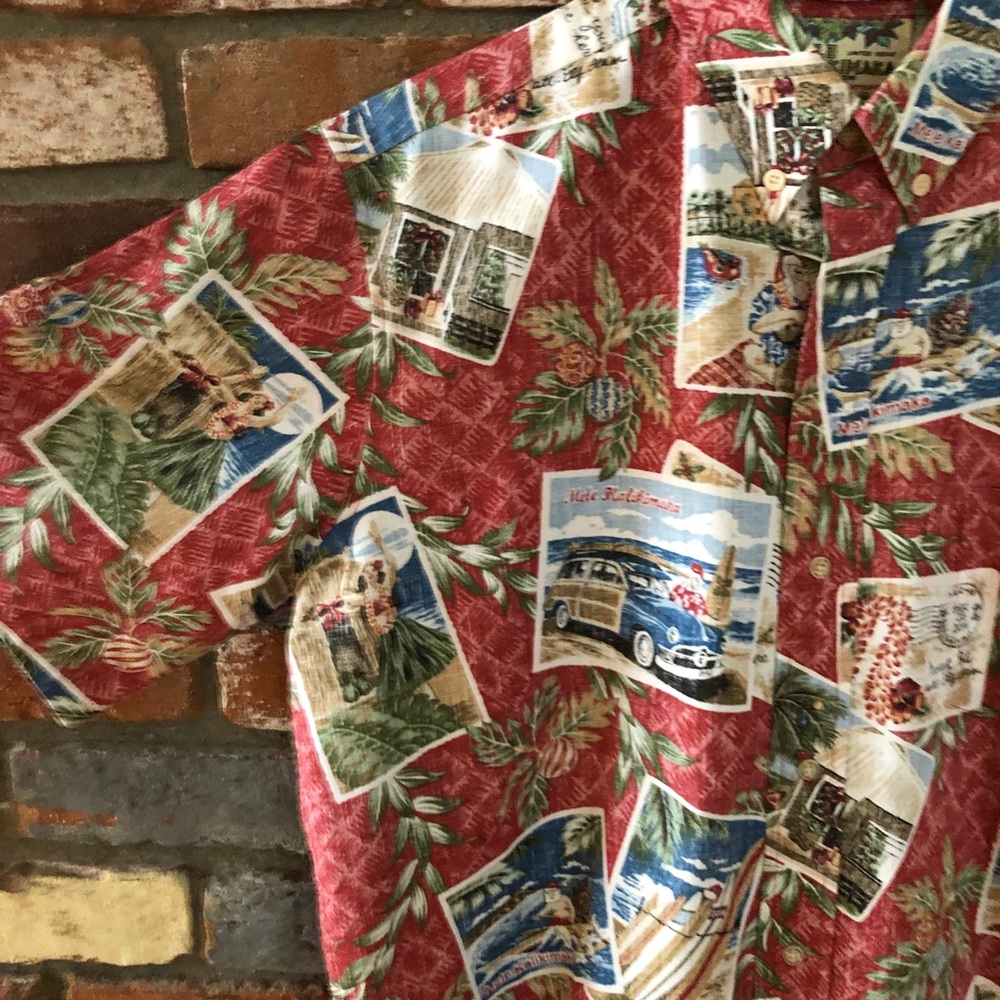 Reyn Spooner Mele Kalimaka Aloha Christmas Holiday Santa Postcard Hawaiian Shirt - Picture 5 of 11